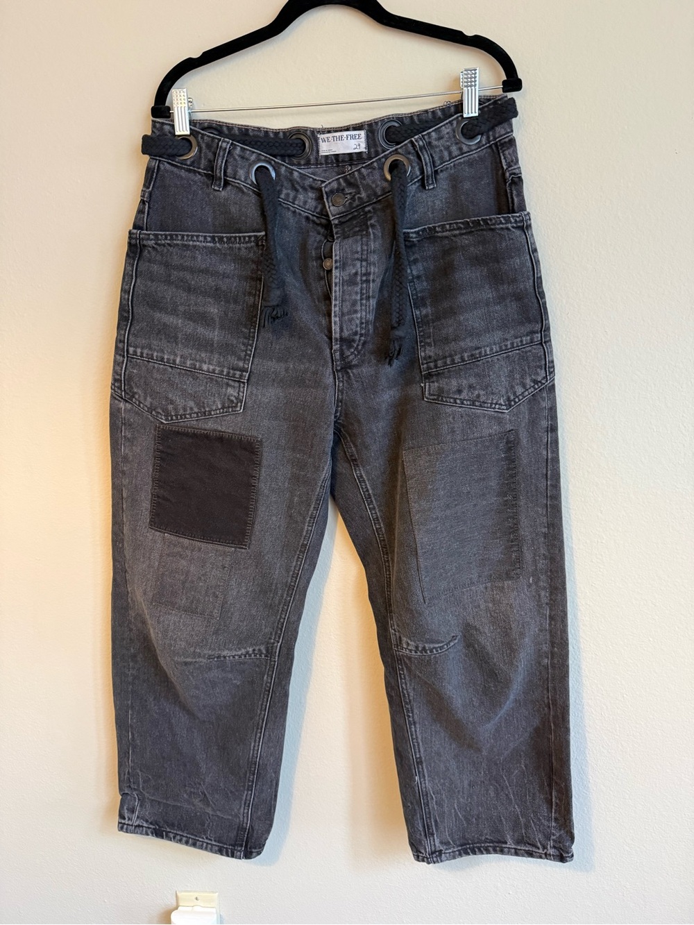 Free People Washed Black Relaxed Patch Pocket Jeans